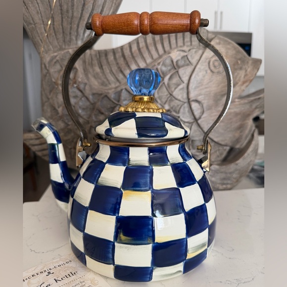 New MacKenzie Childs 2 quart Enameled Whistle Tea Kettle Courtly Blue check - Picture 3 of 9